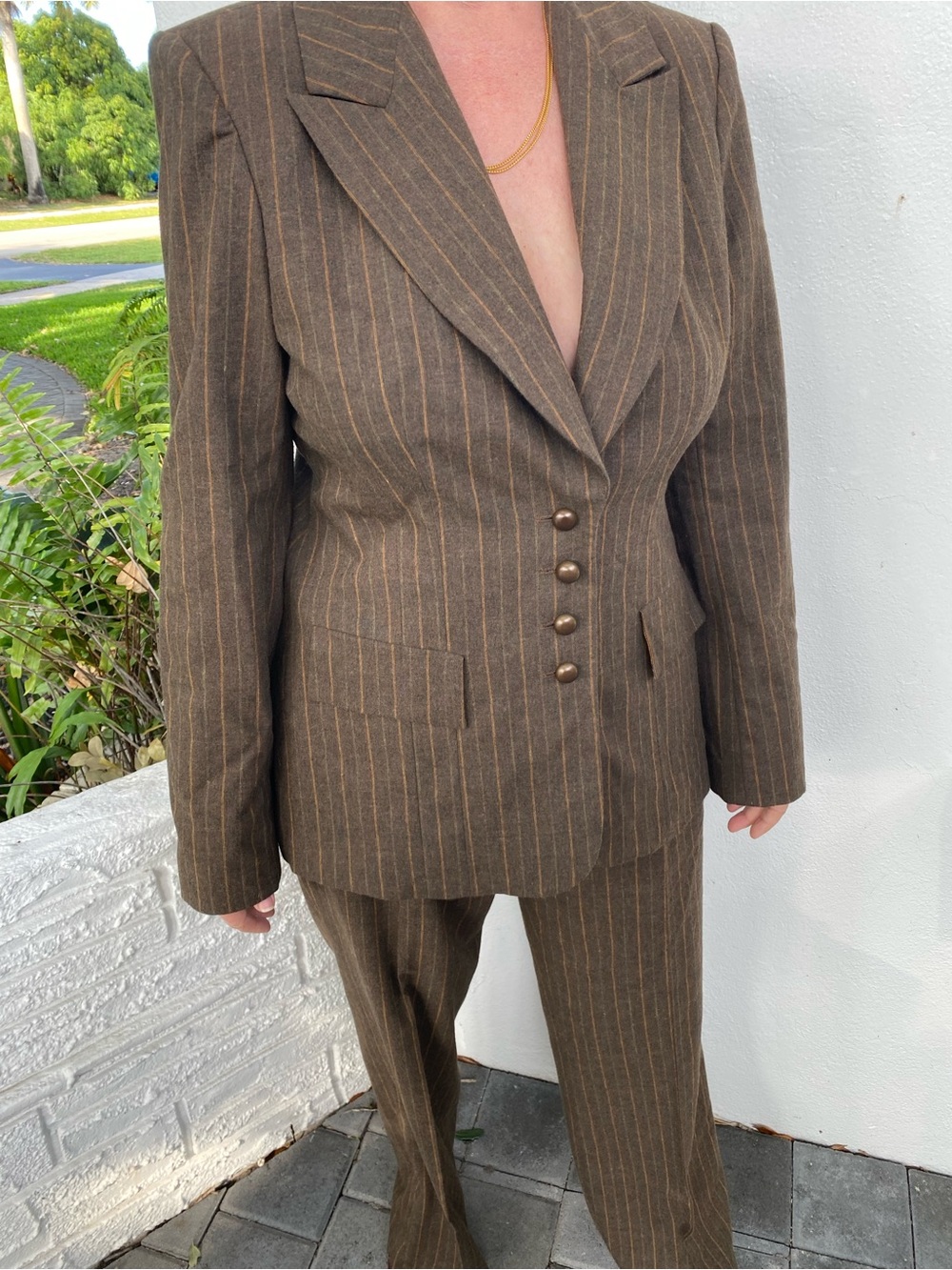 David Meister Brown Pinstripe Blazer with Golden Floral Lining